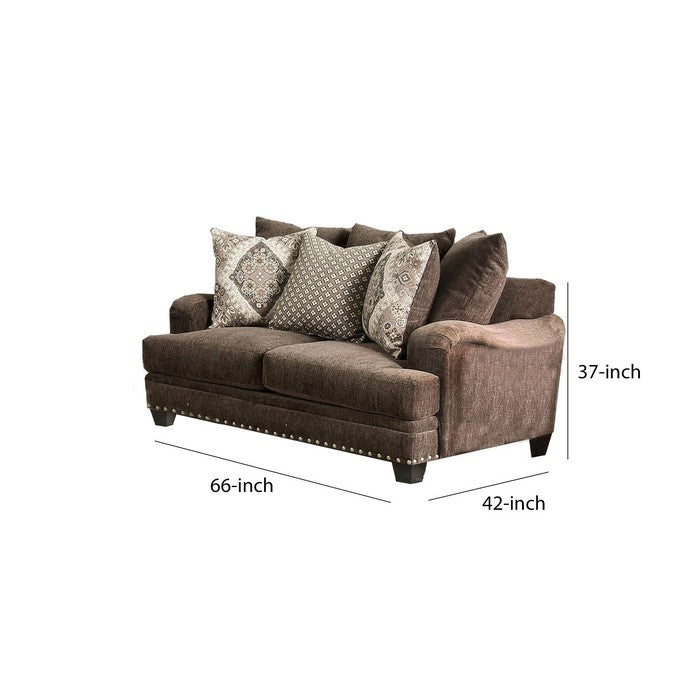 Fabric Upholstered Loveseat with Nailhead Trim and T Shaped Seat,Brown