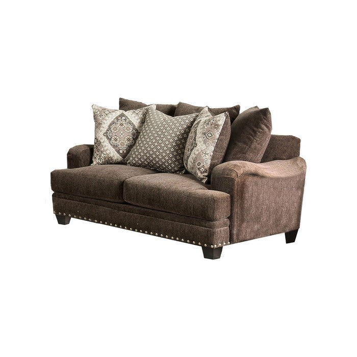 Fabric Upholstered Loveseat with Nailhead Trim and T Shaped Seat,Brown