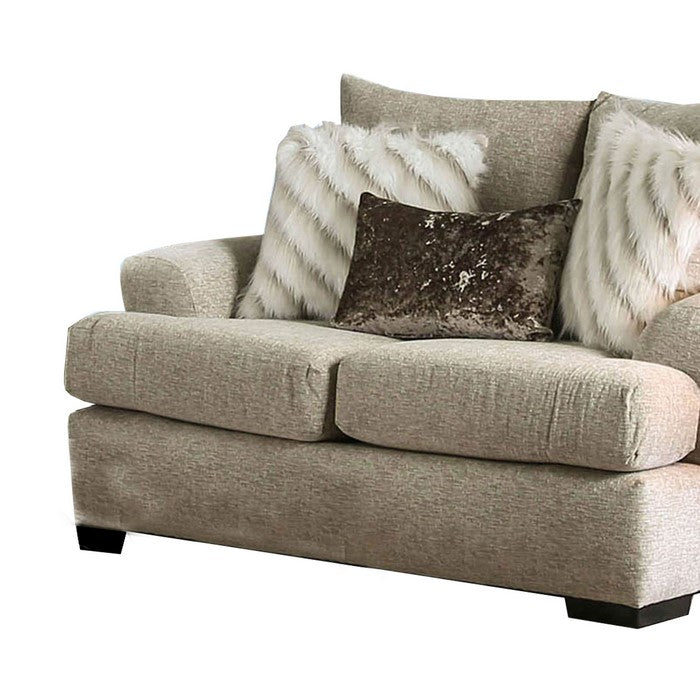 Contemporary Wooden Love Seat with Woven Fabric Upholstery, Beige