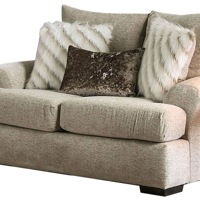 Contemporary Wooden Love Seat with Woven Fabric Upholstery, Beige
