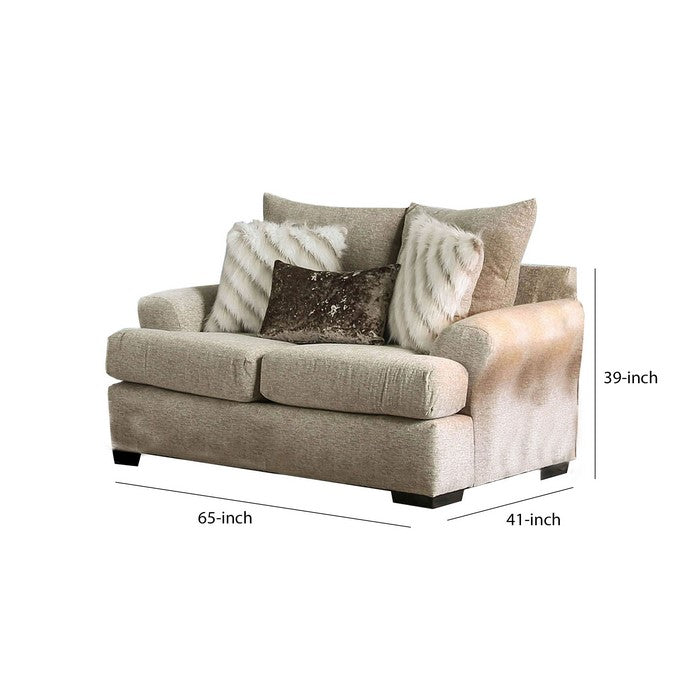Contemporary Wooden Love Seat with Woven Fabric Upholstery, Beige