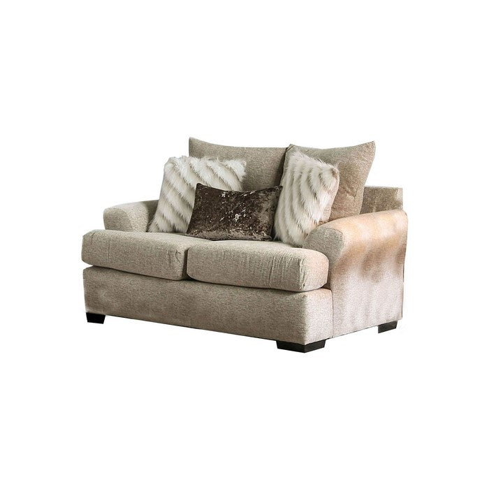 Contemporary Wooden Love Seat with Woven Fabric Upholstery, Beige