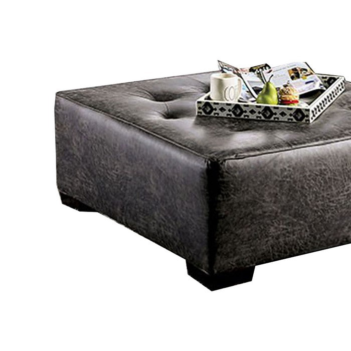 Button Tufted Leatherette Wooden Ottoman with Block Legs, Gray