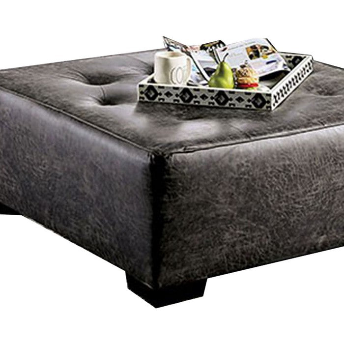 Button Tufted Leatherette Wooden Ottoman with Block Legs, Gray