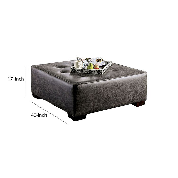 Button Tufted Leatherette Wooden Ottoman with Block Legs, Gray