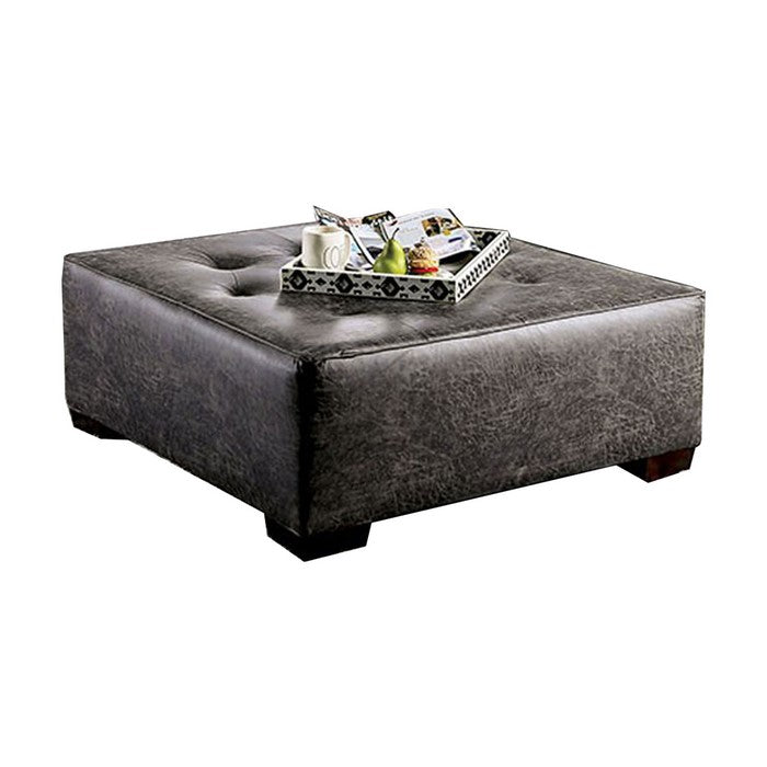Button Tufted Leatherette Wooden Ottoman with Block Legs, Gray