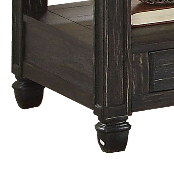 Wooden End Table with Drawer and Open Shelf, Distressed Black