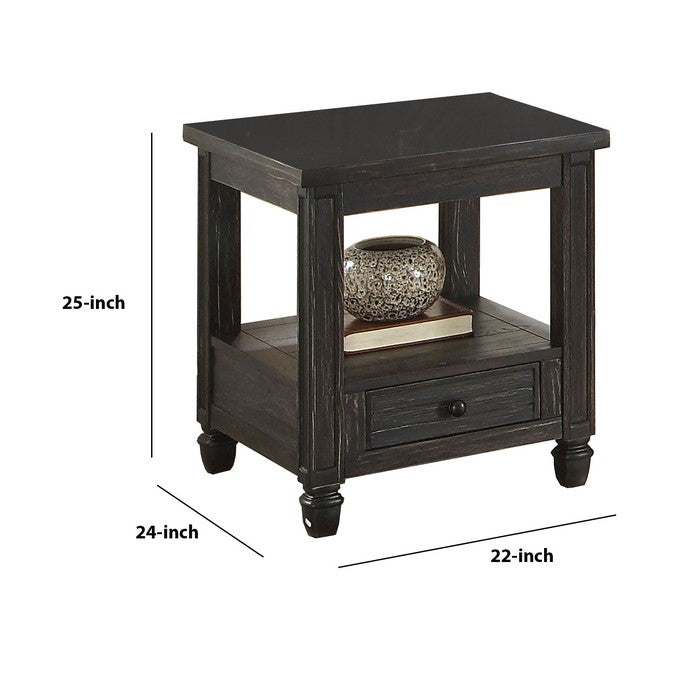 Wooden End Table with Drawer and Open Shelf, Distressed Black