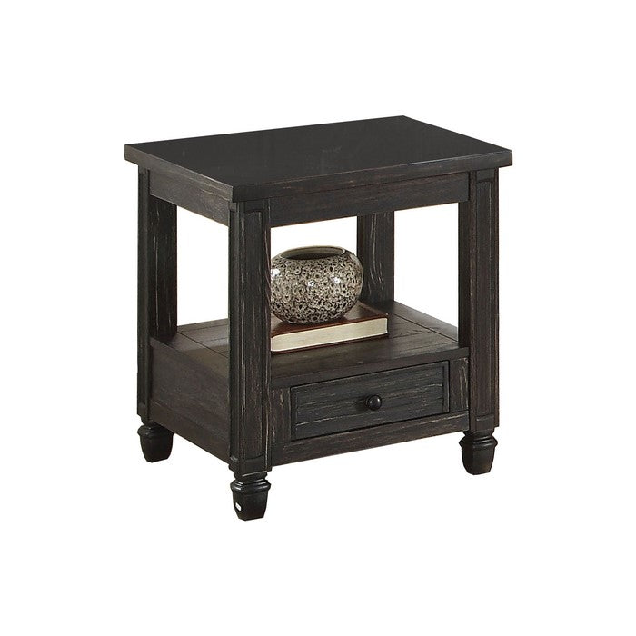 Wooden End Table with Drawer and Open Shelf, Distressed Black