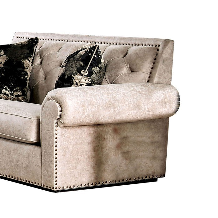 Fabric Upholstered Wooden Loveseat with Button Tufted Back, Beige