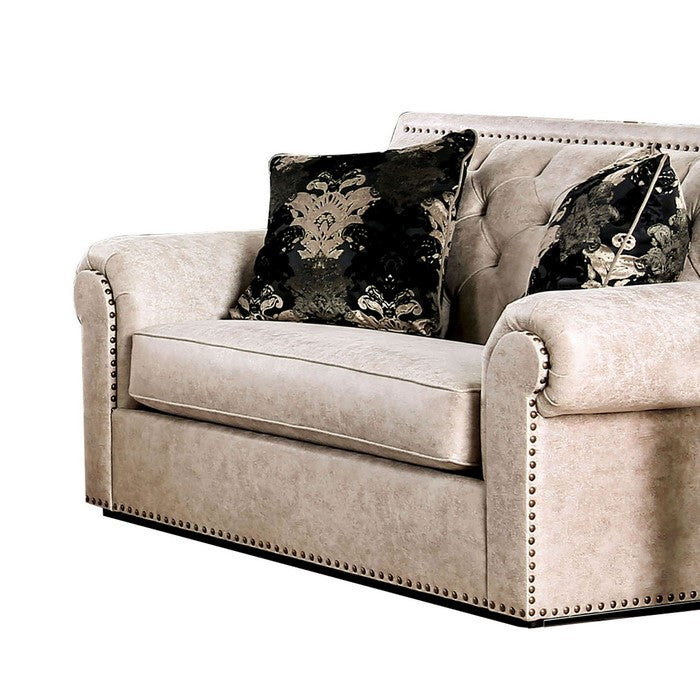 Fabric Upholstered Wooden Loveseat with Button Tufted Back, Beige