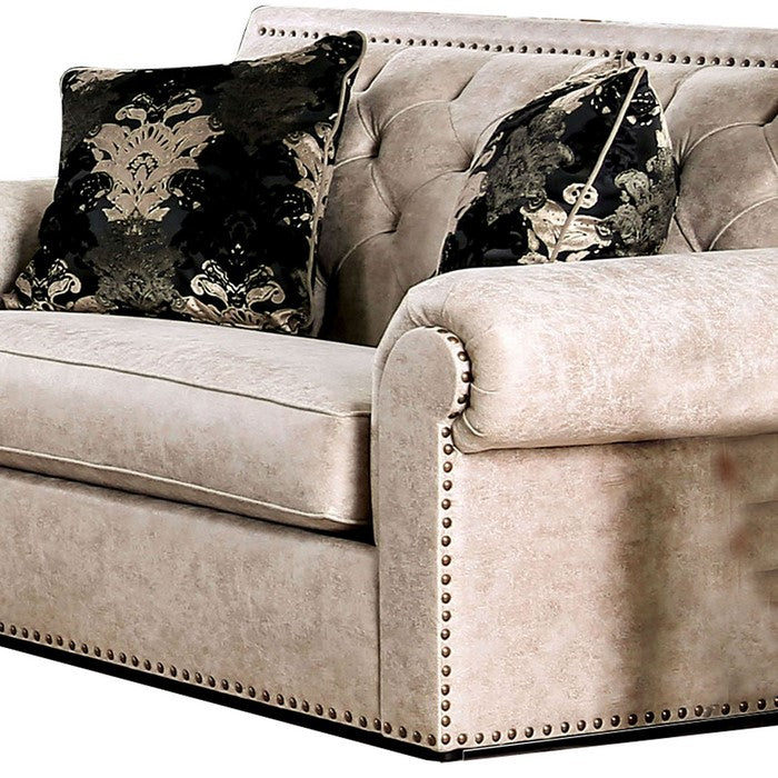 Fabric Upholstered Wooden Loveseat with Button Tufted Back, Beige