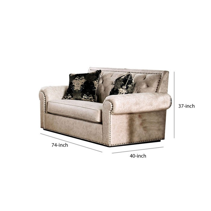 Fabric Upholstered Wooden Loveseat with Button Tufted Back, Beige