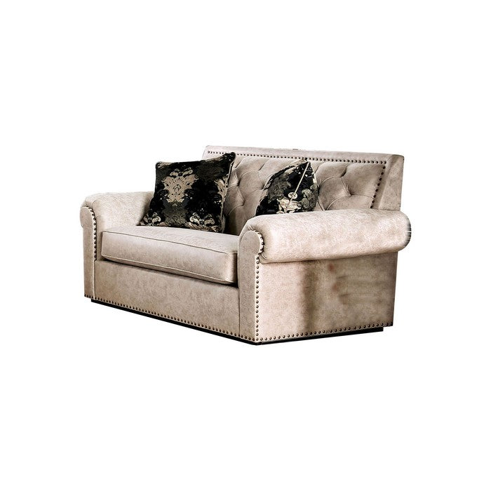 Fabric Upholstered Wooden Loveseat with Button Tufted Back, Beige