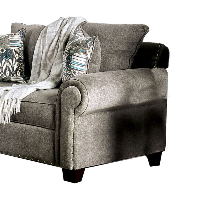 Fabric Upholstered Wooden Loveseat with Nailhead Trim Accents, Gray