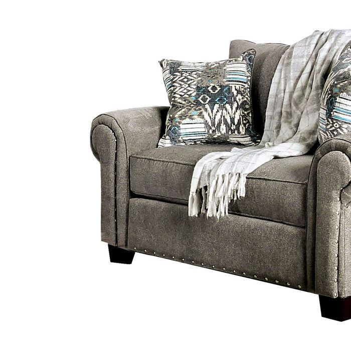 Fabric Upholstered Wooden Loveseat with Nailhead Trim Accents, Gray