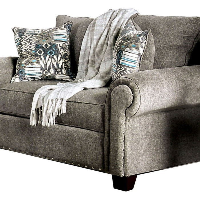 Fabric Upholstered Wooden Loveseat with Nailhead Trim Accents, Gray