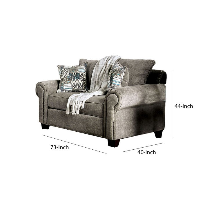 Fabric Upholstered Wooden Loveseat with Nailhead Trim Accents, Gray