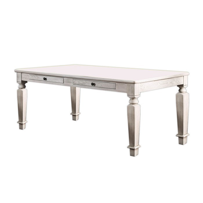 Wooden Dining Table with 2 Drawers and Tapered Legs, Distressed White
