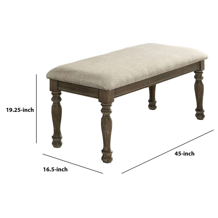 Transitional Fabric Upholstered Wooden Bench, Oak Brown and Beige