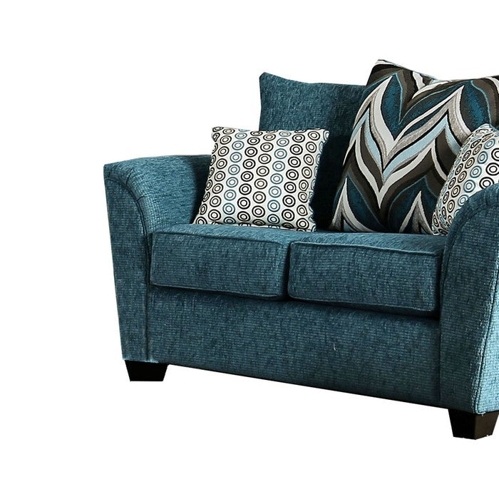 Chenille Fabric Upholstered Wooden Loveseat with Tapered Legs, Blue