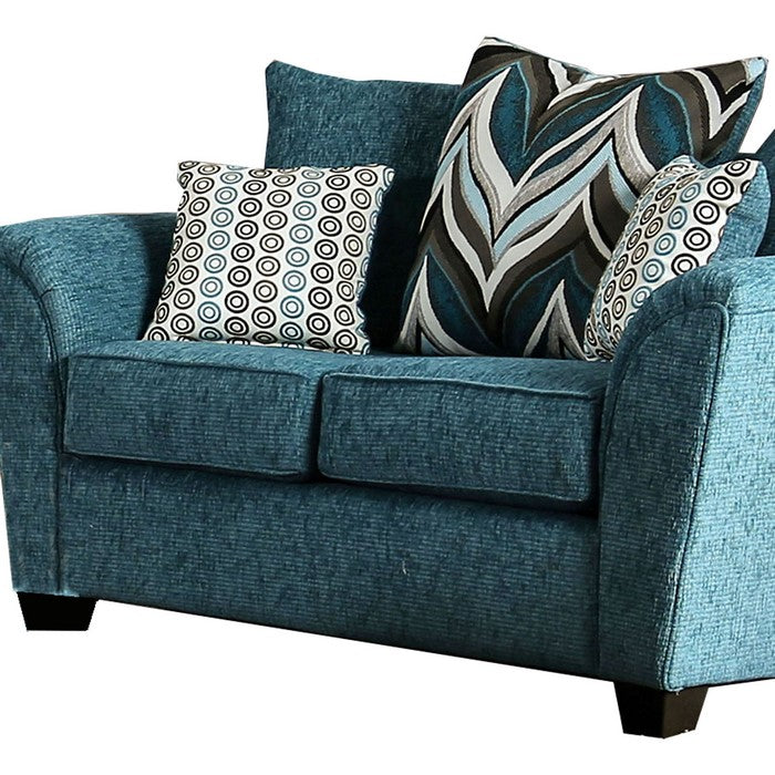 Chenille Fabric Upholstered Wooden Loveseat with Tapered Legs, Blue