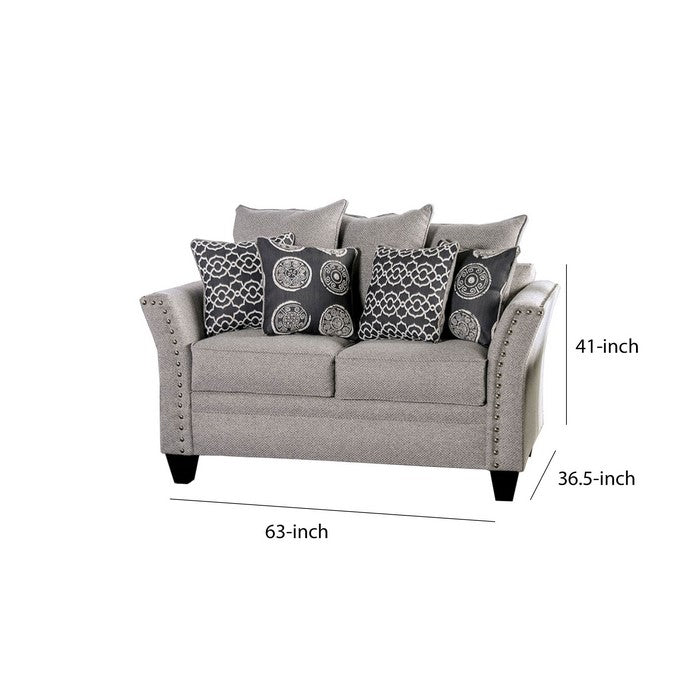 Chenille Fabric Upholstered Loveseat with Nail head Trim, Gray