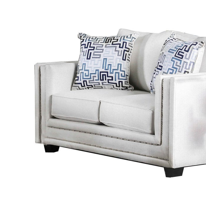 Chenille Fabric Upholstered Loveseat with Nail head Trim, White