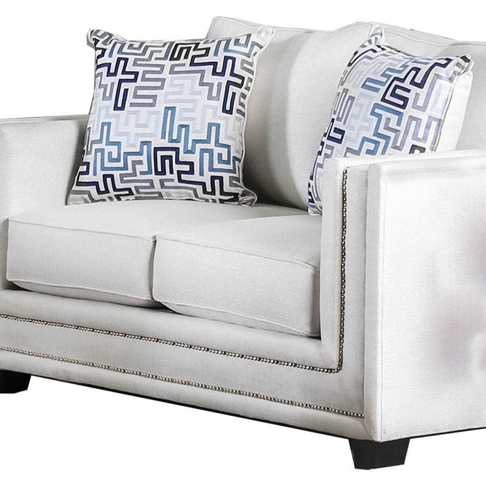 Chenille Fabric Upholstered Loveseat with Nail head Trim, White
