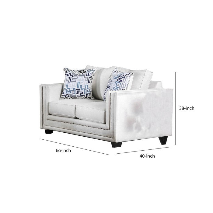 Chenille Fabric Upholstered Loveseat with Nail head Trim, White