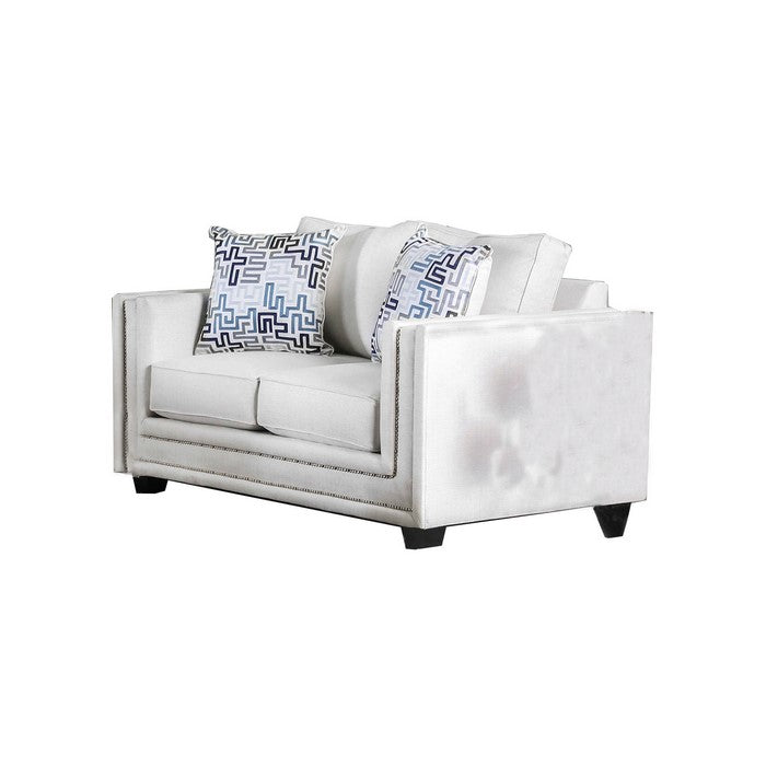 Chenille Fabric Upholstered Loveseat with Nail head Trim, White