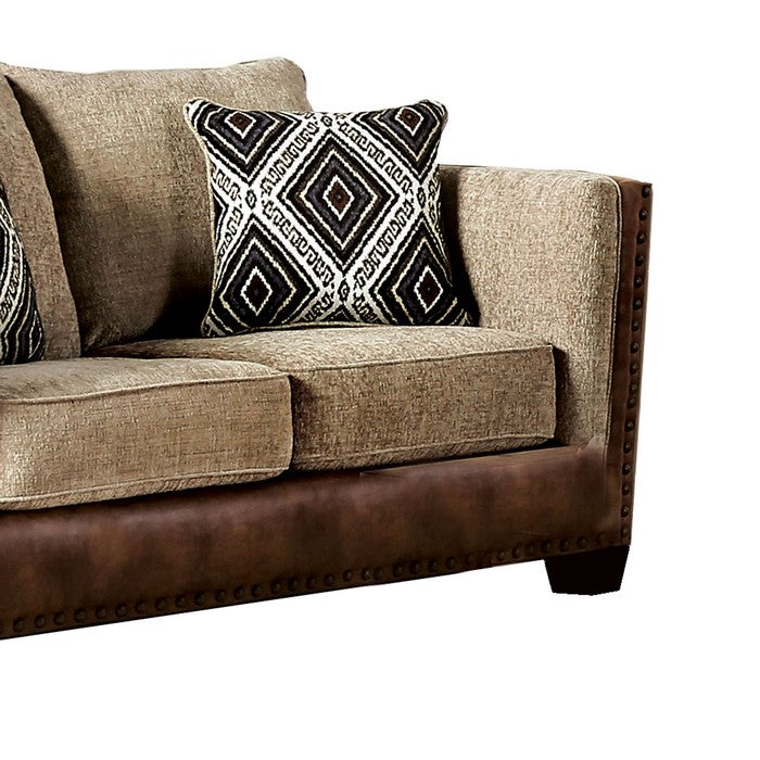 Leatherette and Chenille Fabric Upholstered Loveseat, Brown and Beige