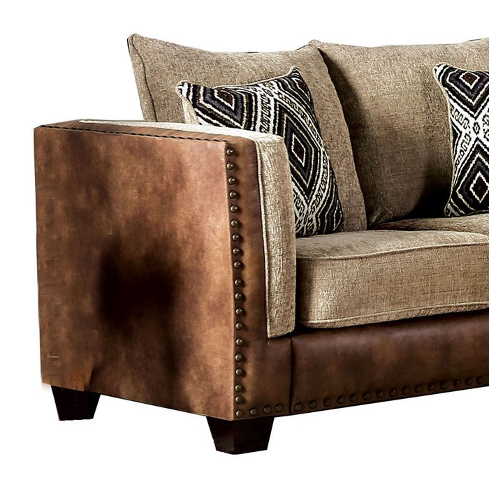 Leatherette and Chenille Fabric Upholstered Loveseat, Brown and Beige