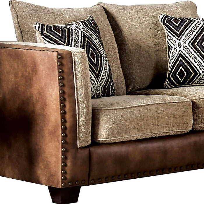 Leatherette and Chenille Fabric Upholstered Loveseat, Brown and Beige