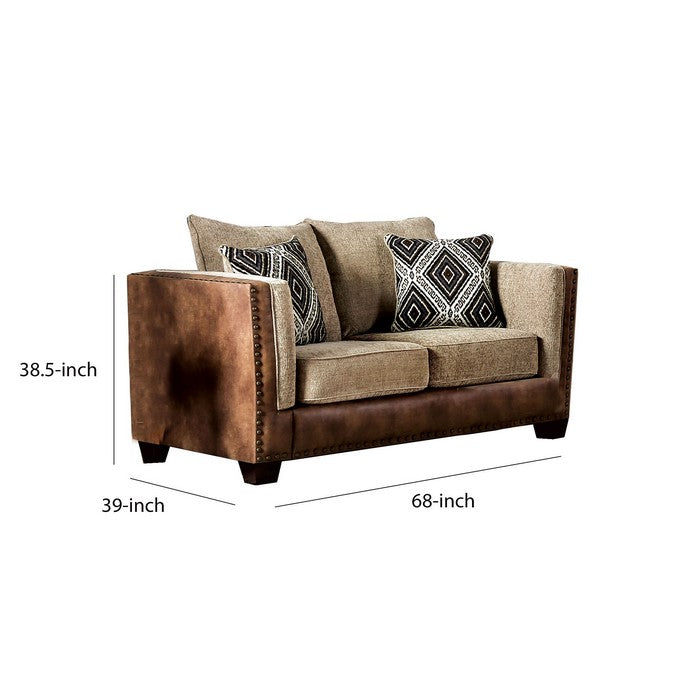 Leatherette and Chenille Fabric Upholstered Loveseat, Brown and Beige