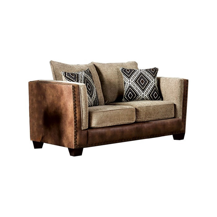 Leatherette and Chenille Fabric Upholstered Loveseat, Brown and Beige
