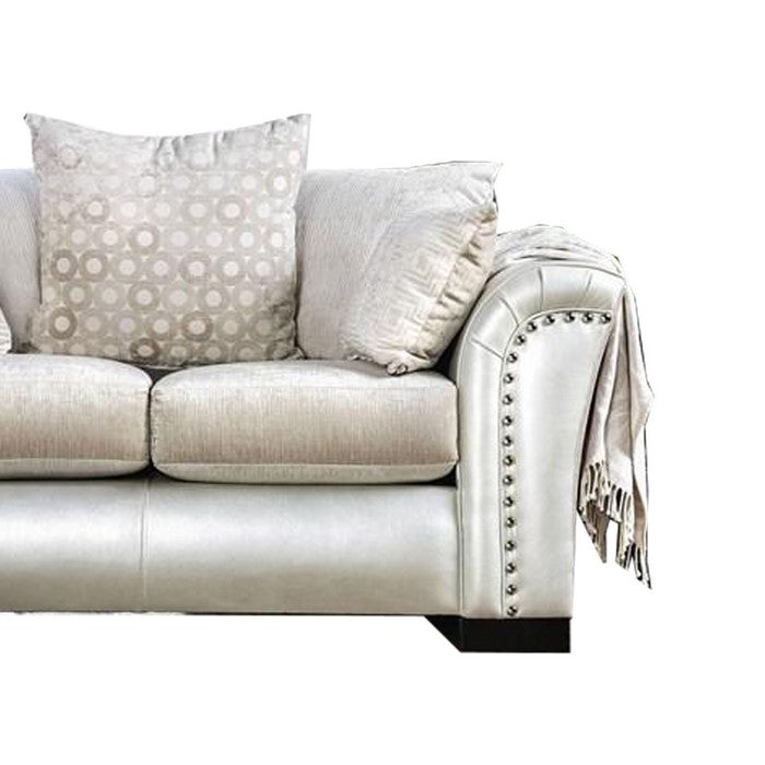 Fabric and Faux Leather Upholstered Loveseat with Nail head Trim,Silver