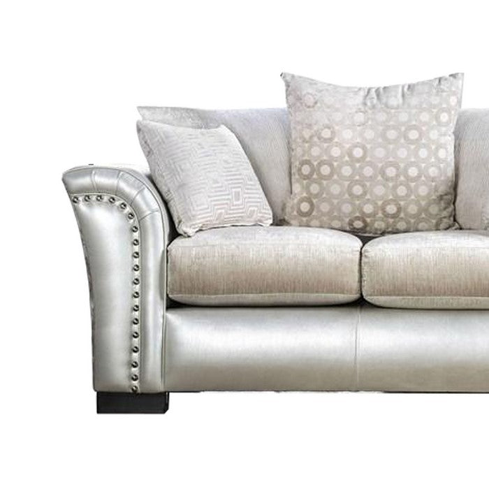 Fabric and Faux Leather Upholstered Loveseat with Nail head Trim,Silver
