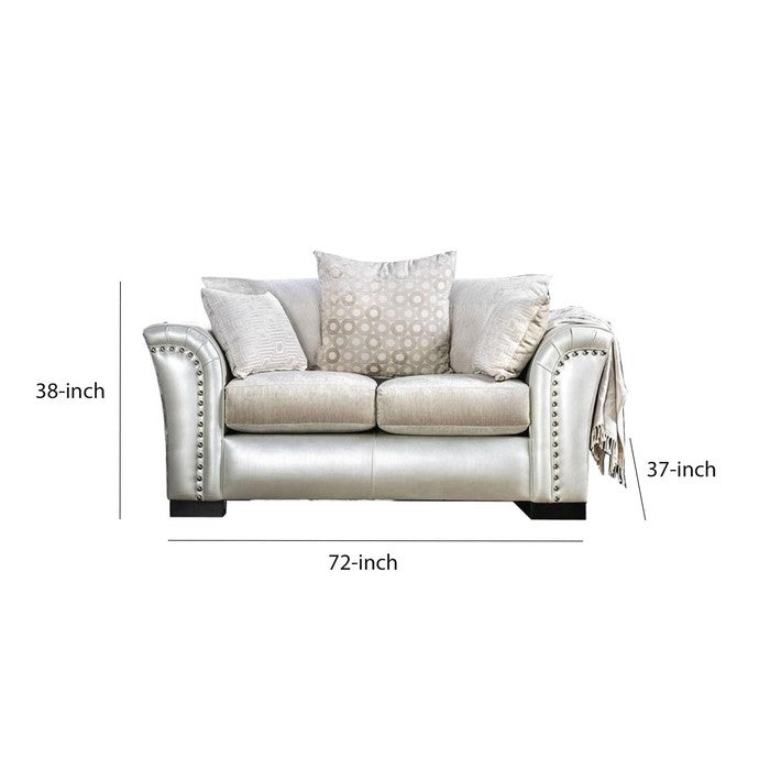 Fabric and Faux Leather Upholstered Loveseat with Nail head Trim,Silver