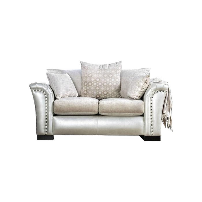 Fabric and Faux Leather Upholstered Loveseat with Nail head Trim,Silver