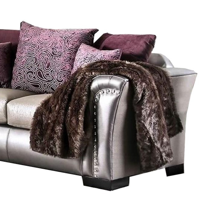 Fabric and Faux Leather Upholstered Loveseat, Silver and Beige