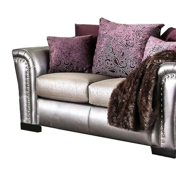 Fabric and Faux Leather Upholstered Loveseat, Silver and Beige