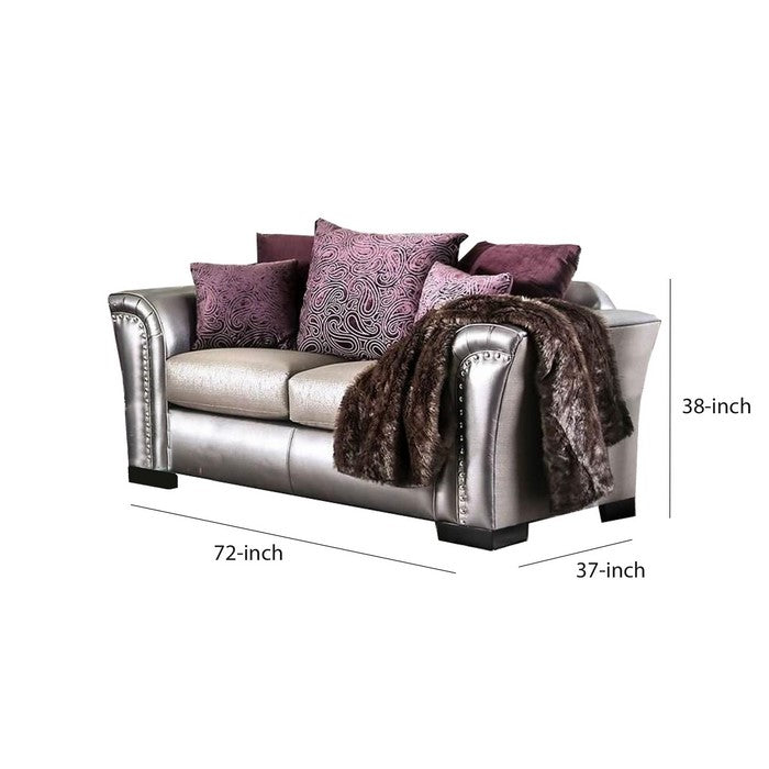 Fabric and Faux Leather Upholstered Loveseat, Silver and Beige