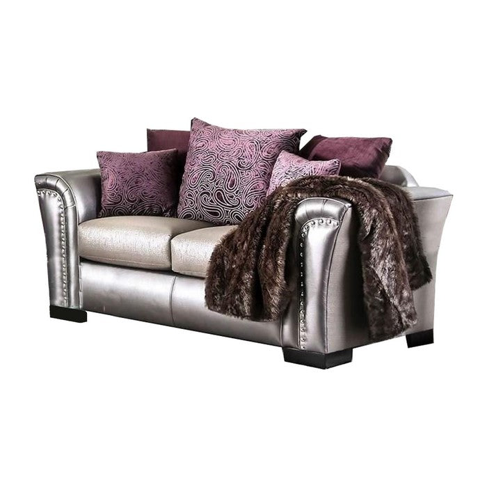Fabric and Faux Leather Upholstered Loveseat, Silver and Beige