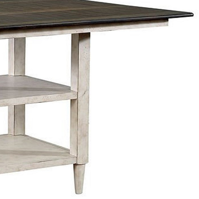 Wooden Counter Height Dining Table with Two Shelves, White and Black