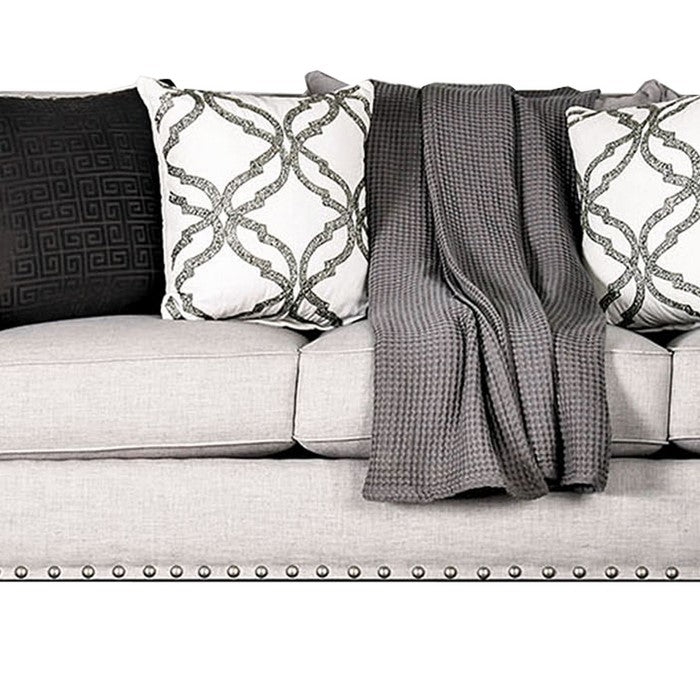 Fabric Upholstered Wooden Sofa with Nailhead Trim, Beige