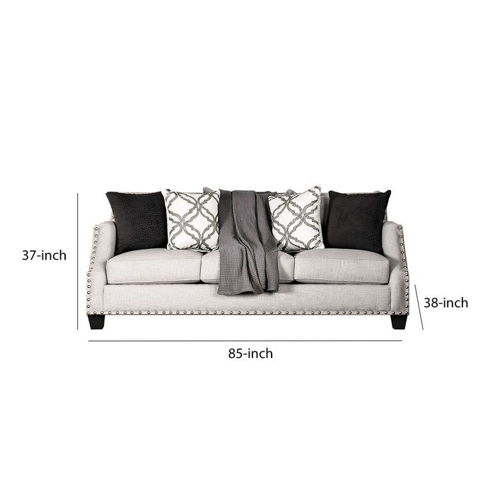 Fabric Upholstered Wooden Sofa with Nailhead Trim, Beige