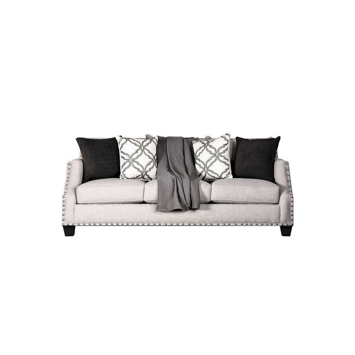 Fabric Upholstered Wooden Sofa with Nailhead Trim, Beige