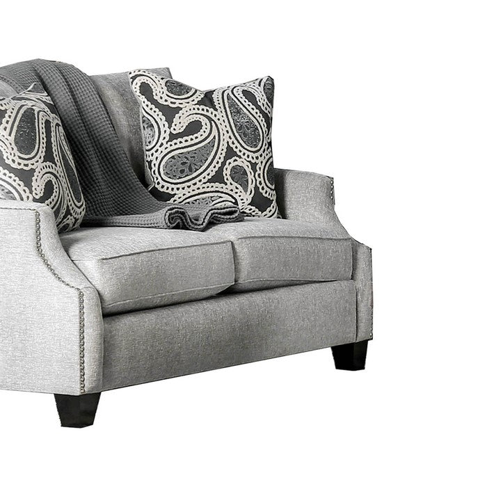 Fabric Upholstered Wooden Loveseat with Sloped Armrest, Gray