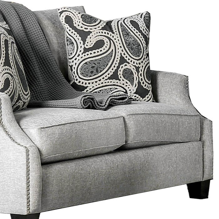 Fabric Upholstered Wooden Loveseat with Sloped Armrest, Gray